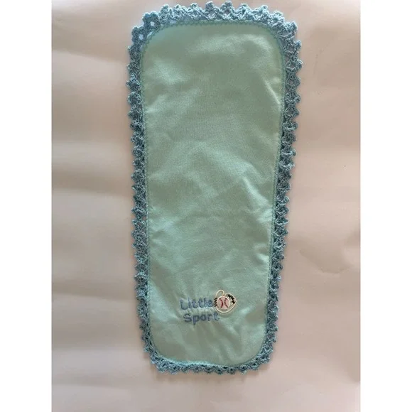 Embroidered 'Little Sport' Handmade Baseball Burp Cloth | Blue Crochet Edge Baby