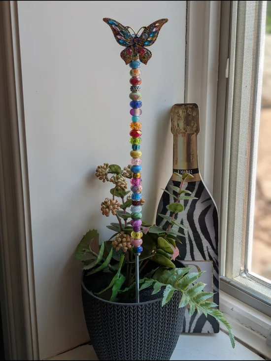 Hand Made Beaded Fairy Wand/Plant/Garden Stake W/Crystal Butterfly Topper 🦋