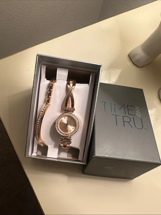 Time and Tru Rose Gold Tone Crystal Accent Women's Watch and Bracelet Set