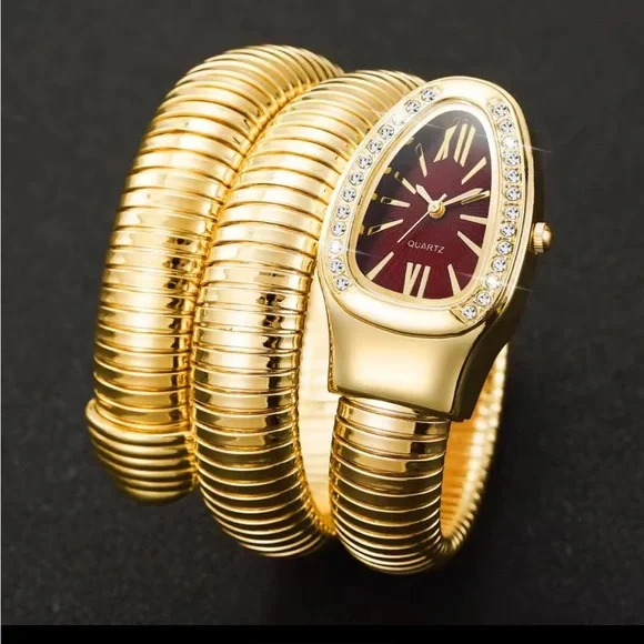 Anthropologie Gold Snake-Style Coil Watch with Burgundy Dial