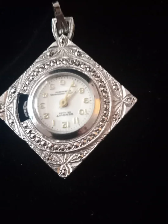 Silver-tone Floral Pendant Watch Necklace - White Dial