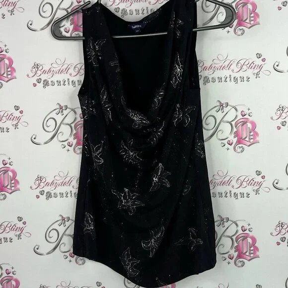 Reitmans tank top sparkly glitter flowers y2k scoop neck Black Floral Tank Top