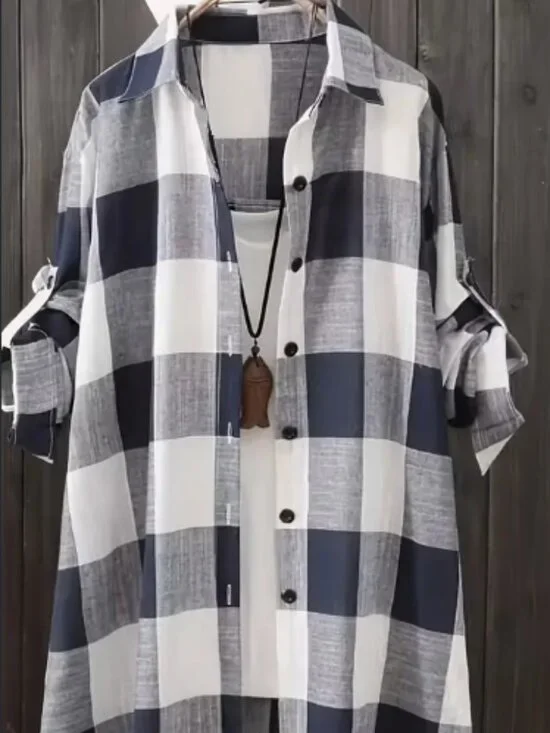 Women's Plus Size Plaid Print Button Shirt Casual Collared Long Sleeve Linen