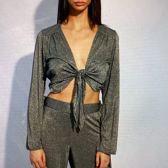 Jyork the Label Miami Florida Swim Silver Metallic Tie Front Top One Size OS