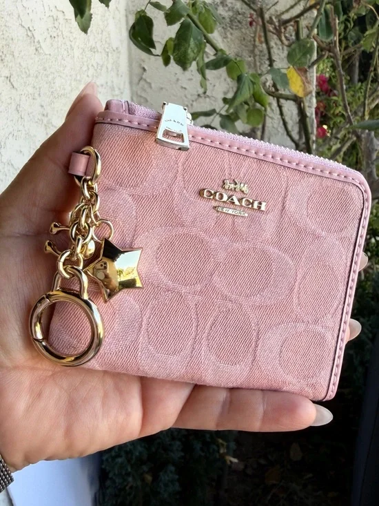 Coach Pink Signature Zip Card Case with Gold Star Charm