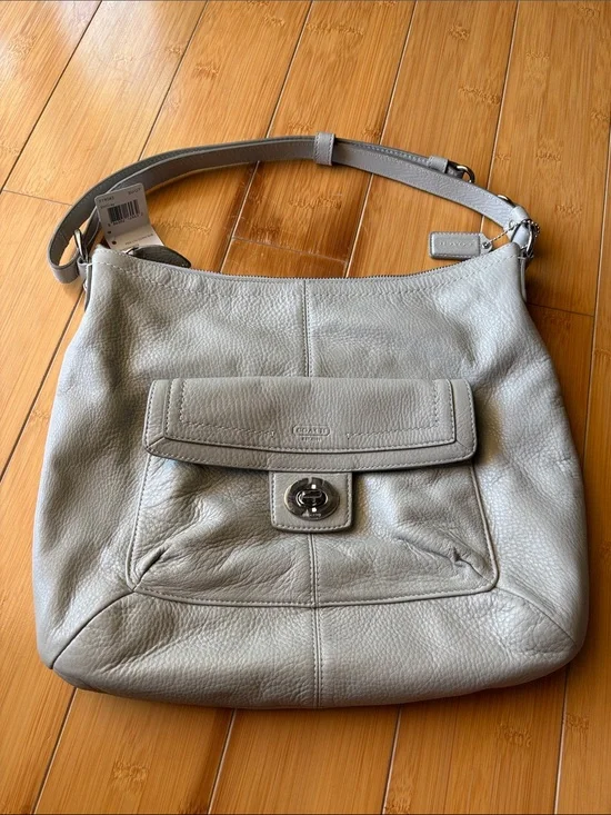 Coach Penelope Light Gray Pebbled Leather Shoulder Bag with Turnlock Pocket