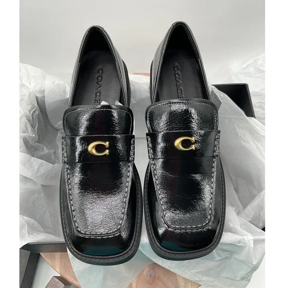 Coach Leah Loafer Black Glazed Leather Signature C Hardware CCH83 Womens 9B