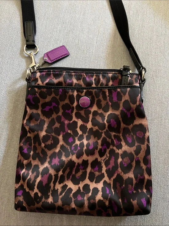 Coach Leopard Print Crossbody Bag in Brown, Black and Purple