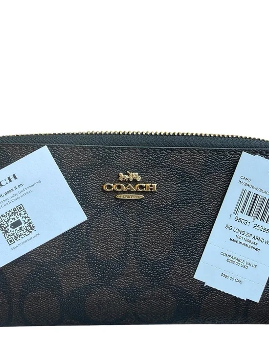 Coach Brown and Black Signature Zip Wallet with Gold Logo
