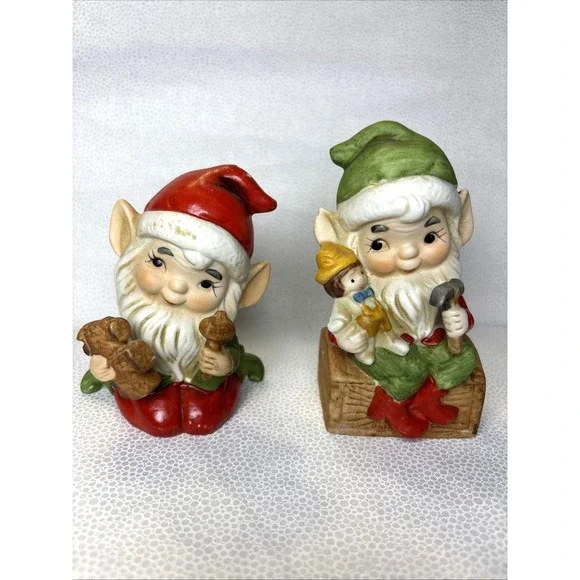 Adorable HOMCO CHRISTMAS‎ ELVES Figurines lot Of 2 Toy Makers, Vintage.