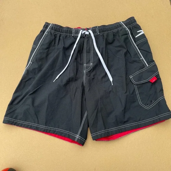 Speedo Swim Trunks Mens XL Black Beach Pool Built-in Mesh Liner Drawstrings