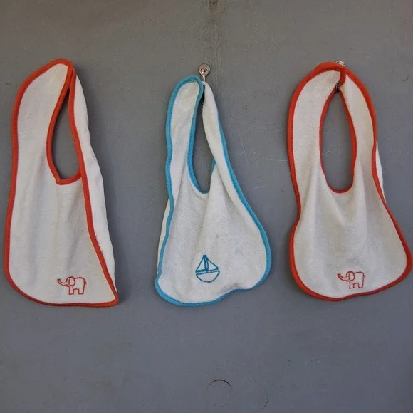Lot Of 3 Terry Cloth Baby Bibs Drool Feeding Sailboat Elephant Blue Orange EUC