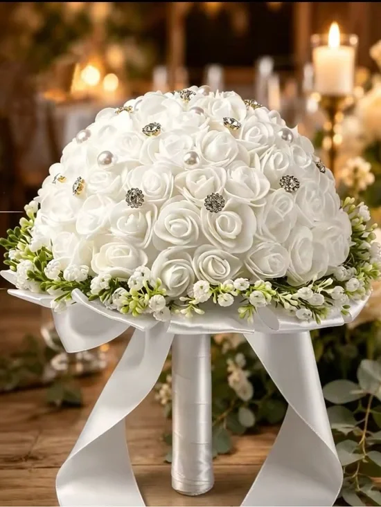 White Bridal Rose Bouquet with Pearl and Crystal Accents