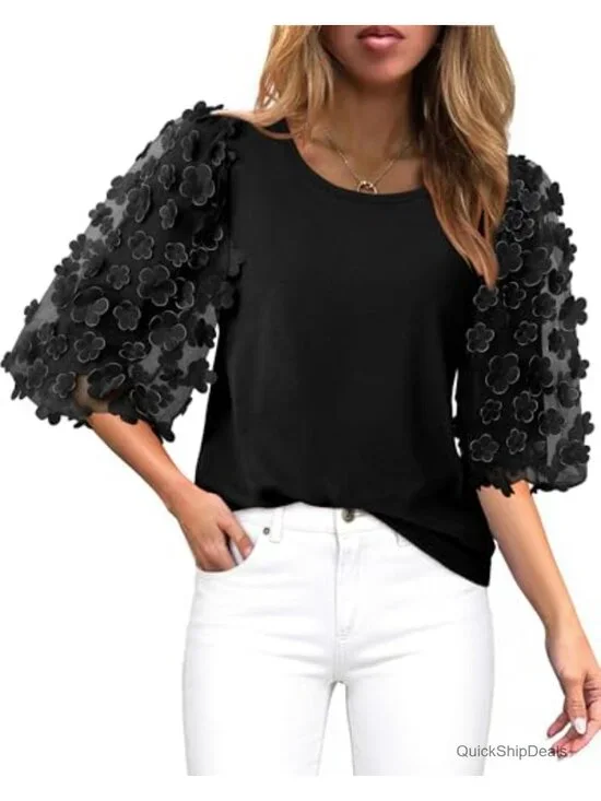 Crew Neck Cotton 3/4 Puff Sleeve Blouse with Mesh Appliques