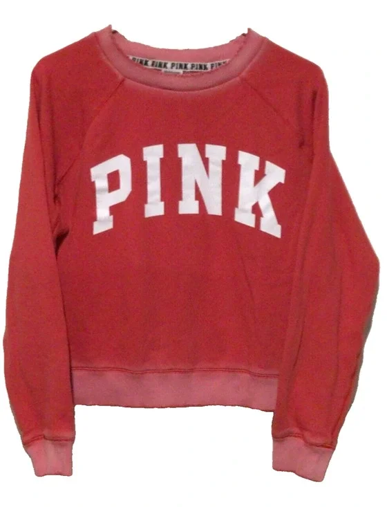 Victoria's Secret PINK ~ Sweatshirt Distressed Campus Crew Red Pink ~ Size XS