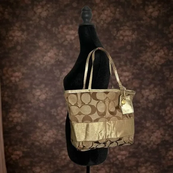 Coach Signature Stripe Tote Khaki Gold Canvas Shoulder bag