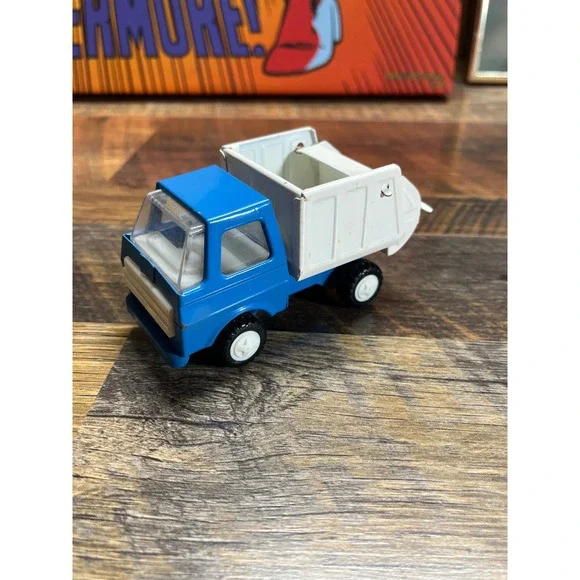 Vintage Tin Litho Garbage Truck Toy Blue and White Made in Japan Dump Truck