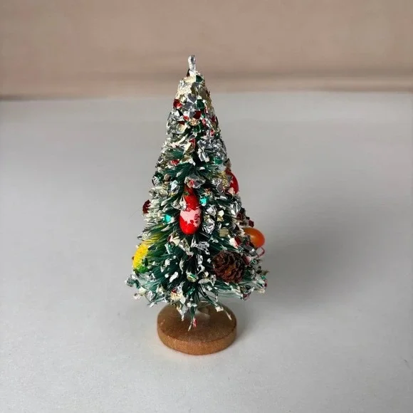 Vintage MCM Christmas Tree Bottle Brush Fruit Pinecone Miniature Wood Base 3.75