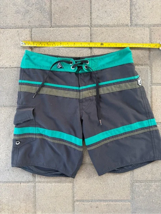 Volcom Black Swim Board Shorts with Teal & Olive Stripes