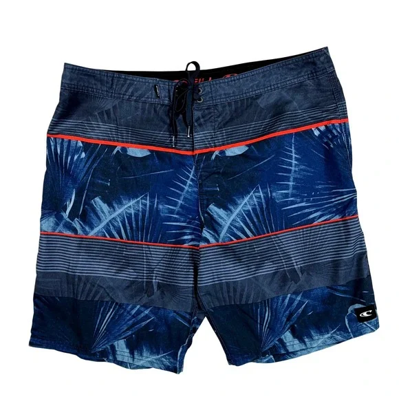 O'Neill Board Shorts Mens 38‎ Blue Tropical Palm Leaf Striped Swim Trunks