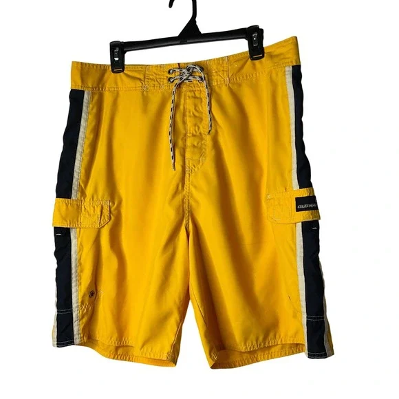Old Navy Mens Yellow Cargo Board Shorts Swim Trunks Striped Size Large