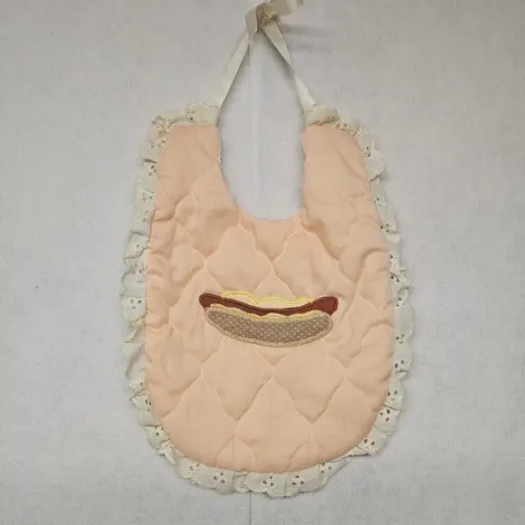 Handmade Hot Dog Peach Quilted Baby Bib Ruffle Lace Trim Satin Bow Vintage