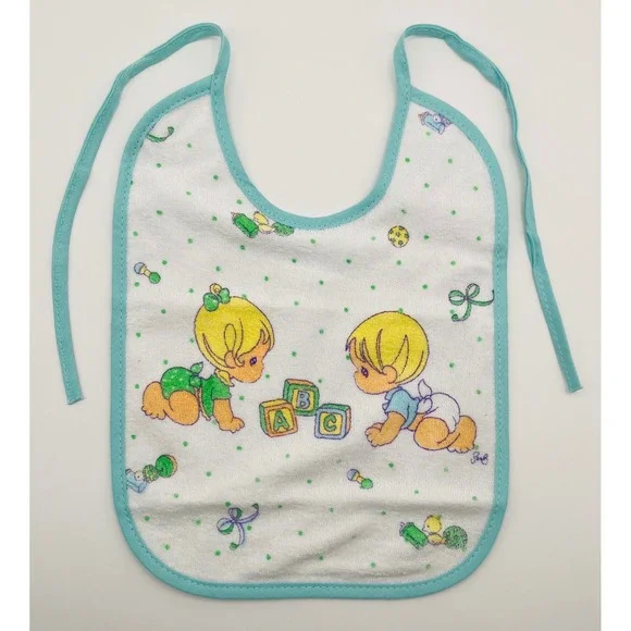 Precious Moments Vintage 2002 Baby Bib ABC Blocks Teal Trim White Terry Cloth