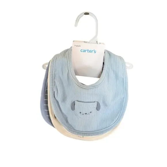 Carter's Baby Bib Set 3 Pack Blue Puppy Absorbent Cotton Bibs NWT Unisex