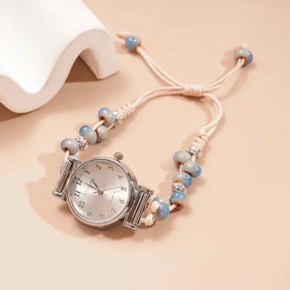 New Ceramic Silver Dial Beaded Watch With Wax Rope