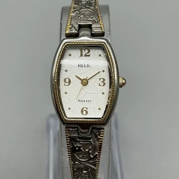 Relic Folio Womens Watch 18mm Two Tone Scrolled Band New Battery 6.75