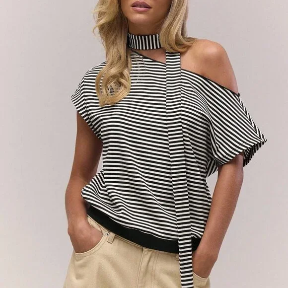 Casual Women's Asymmetrical Neck Slouch Stripe Scarf Detail blouse