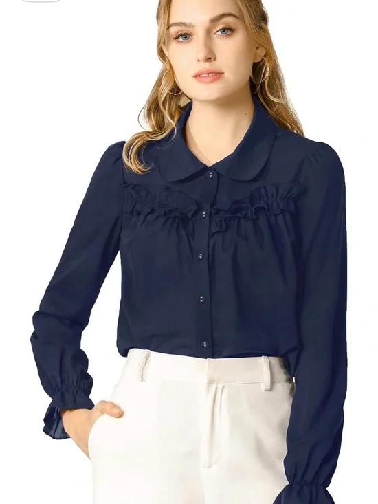 Classic Navy Ruffle-Detail Button Front Blouse - Women's Top