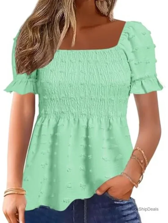 Women's Square Neck Smocked Peplum Top Puff Short Sleeve Babydoll Shirred Swiss
