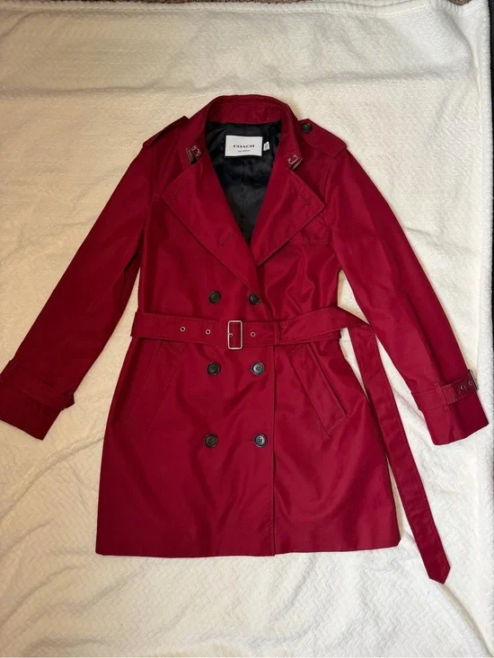 Coach Women's Deep Red Ruby Double-Breasted Trench Coat