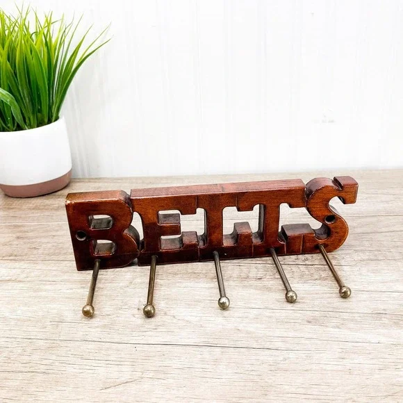 Vintage Wooden Belt Rack:‎ 5 Brass Pegs