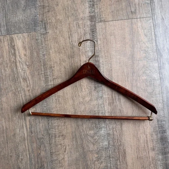 Polo Ralph Lauren Wooden Suit Hanger Dark Brown Gold Pony Logo Brass Hook Bar