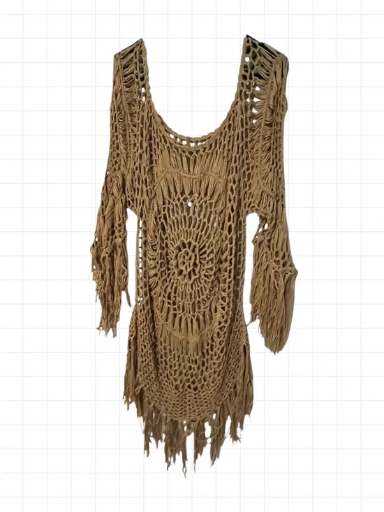 Plus size Hand-Crocheted Boho Fringe Tunic Sweater in Camel