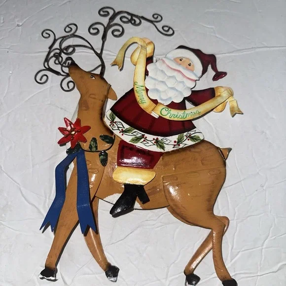 Metal Christmas Red Santa And Brown Reindeer Holiday Wall Decor 8x10‎