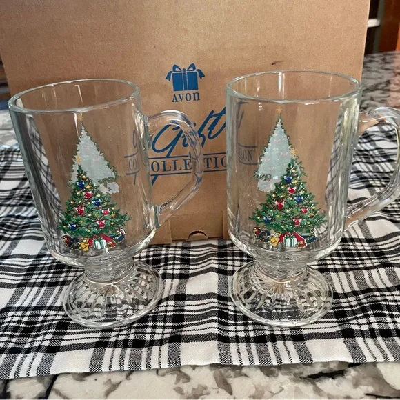 Vintage 1995 Avon Glass Glasses Christmas Irish Coffee Mug Set of 2 BRAND NEW