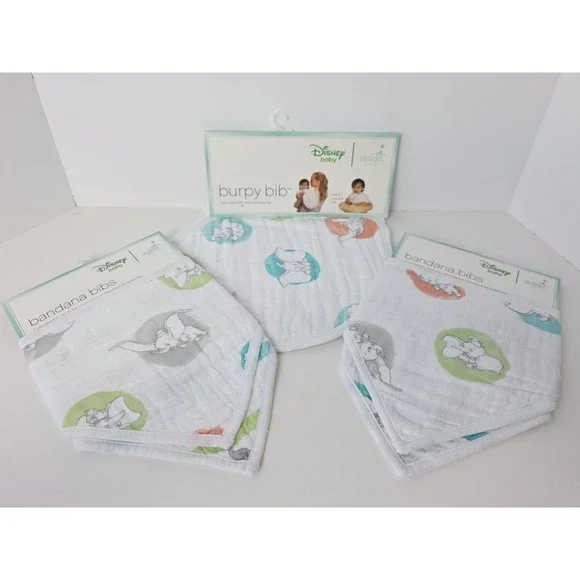 NWT Aden + And Anais Disney Baby Dumbo Elephant Bibs and burpy bib set