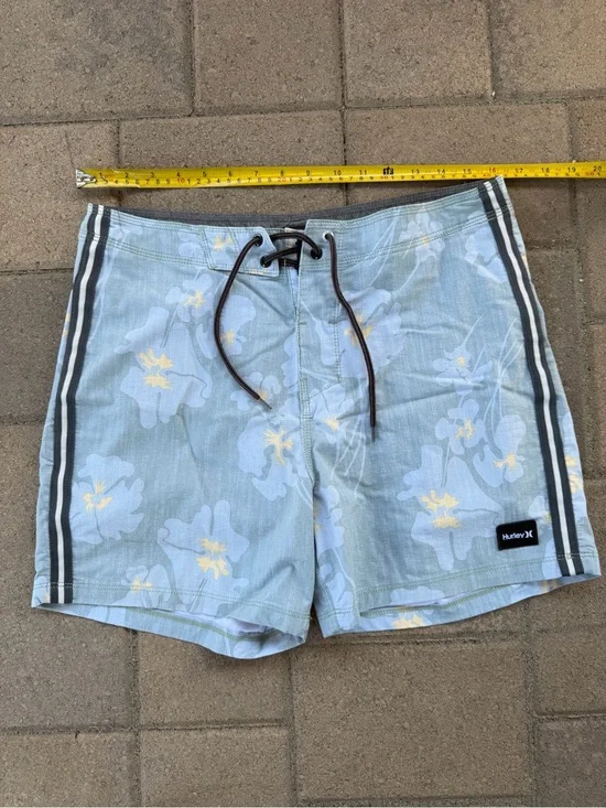 Hurley Light Blue Floral Swim Shorts with Black Stripes