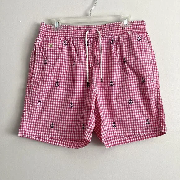 Polo Ralph Lauren Mens Pink Gingham Anchors Swim Trunks Board Shorts Large