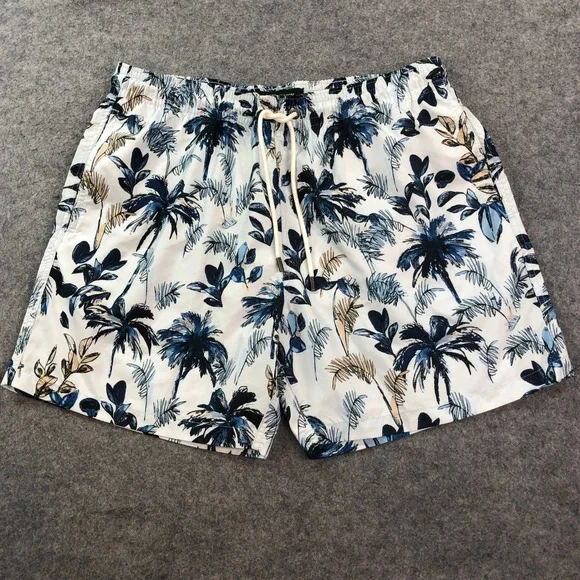 Rodd & Gunn Mens Swim Trunks XL Tropical Palm Tree Print White Navy Blue