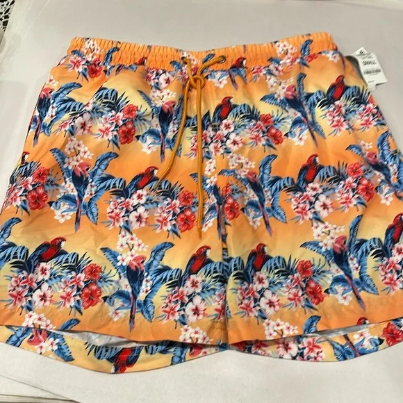 Club Room Men’s Swim Shorts Size S Tropical Print Tangelo Drawstring NWT POOL