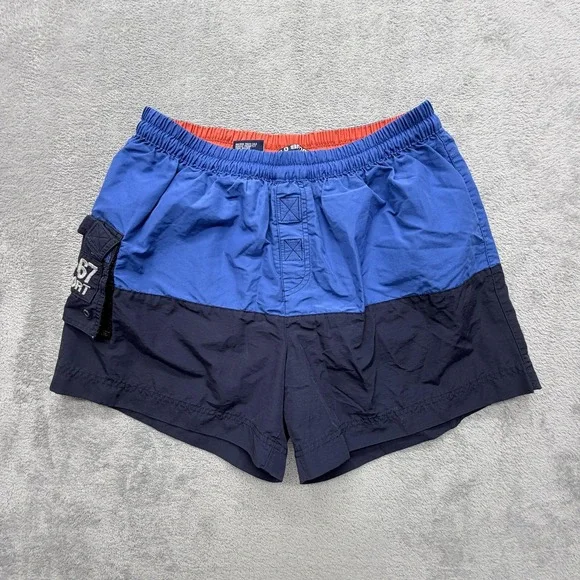 Vintage Polo Sport Swim Shorts Mens L Blue Colorblock Lined Built-In Brief Cargo