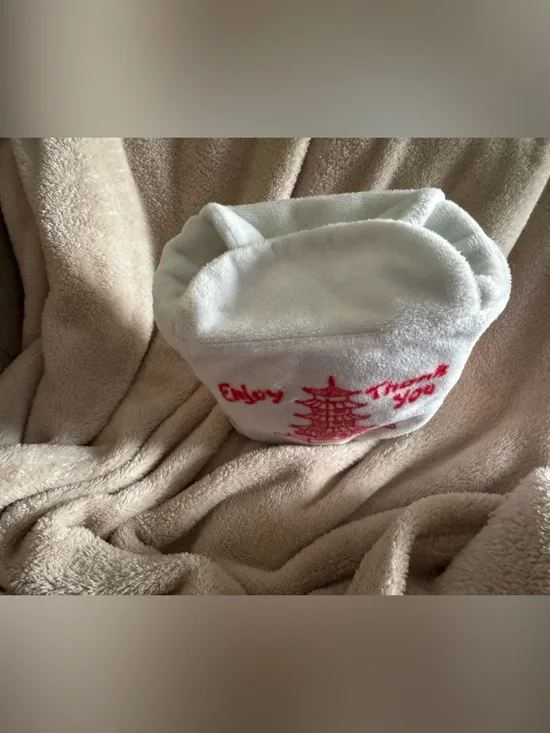 Bark box White Plush Takeout Box Pouch with Red Pagoda Embroidery