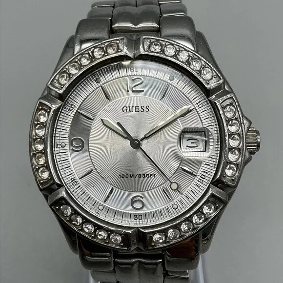 Guess Waterpro Womens Watch 35mm Silver Dial Crystal Bezel New Battery 6.25