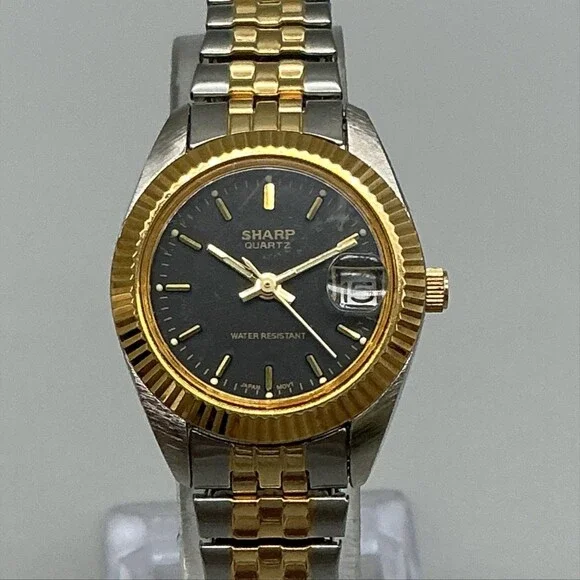 Vintage Sharp Womens Watch 24mm Black Dial Two Tone Stretch Band New Battery