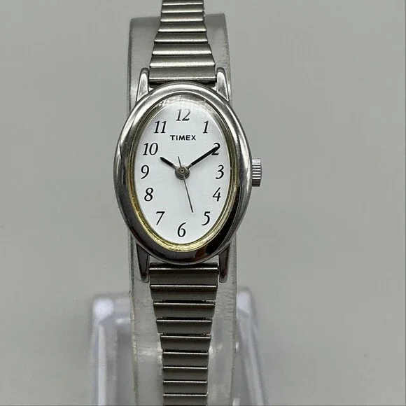 Timex Cavatina Womens Watch 18mm Silver Tone Oval Dial Stretch New Battery