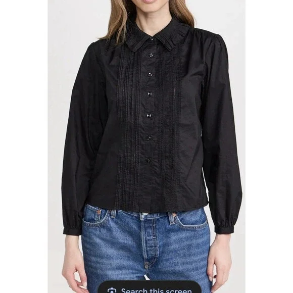 Trovata Birds of Paradis Alise Blouse Black Cotton Pintuck Ruffle Small
